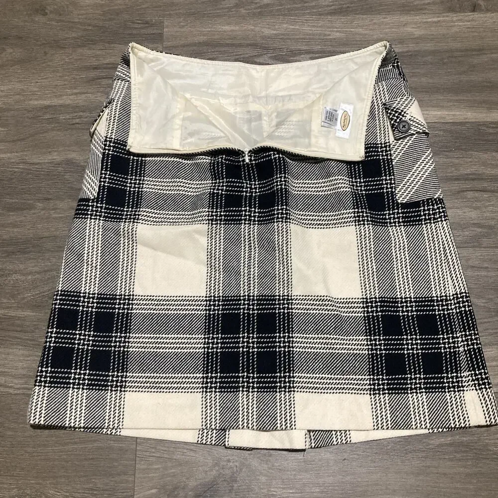 Vtg 90’s Talbots Wool Blend Skirt Ivory Black Plaid Pockets Lined Schoolgirl 10